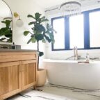bathroom remodel with marble look floor
